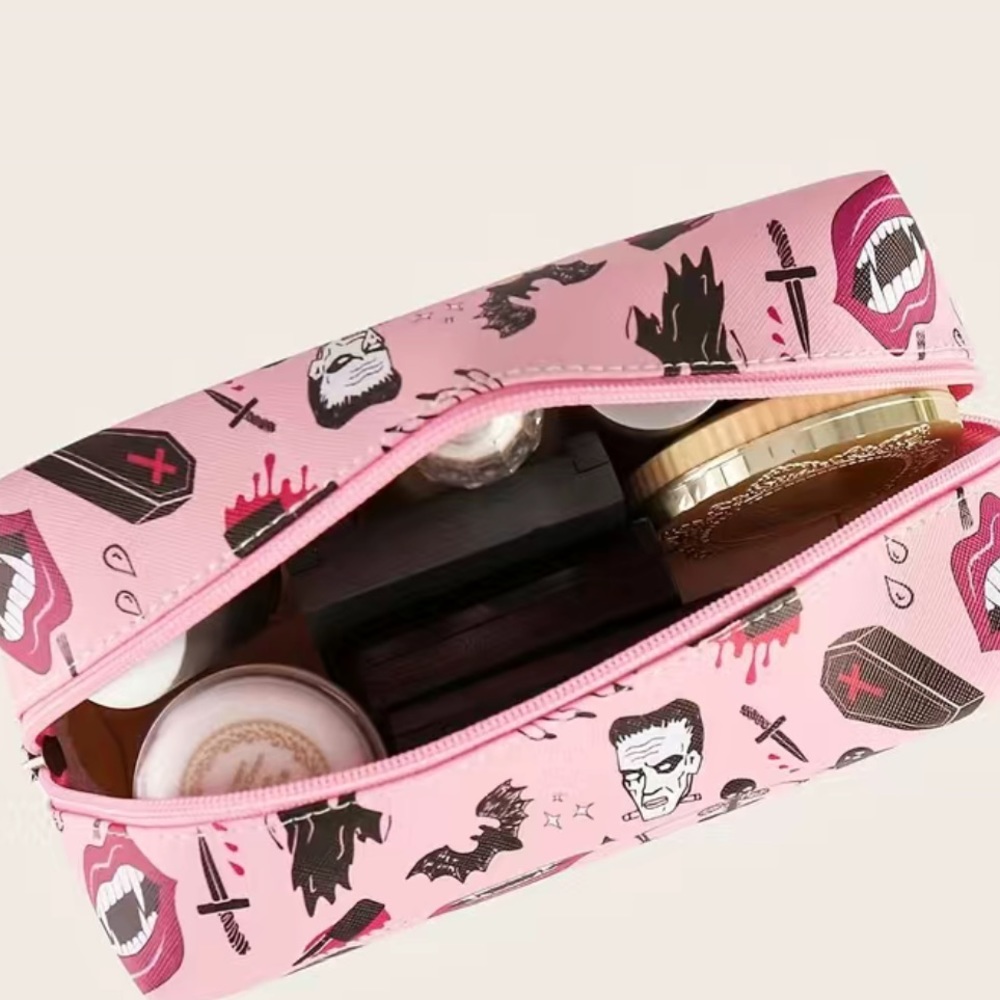 Halloween Pink Cosmetic Bag Goth Coffin Skeleton Dagger Fangs Ghoul Makeup - Picture 4 of 7